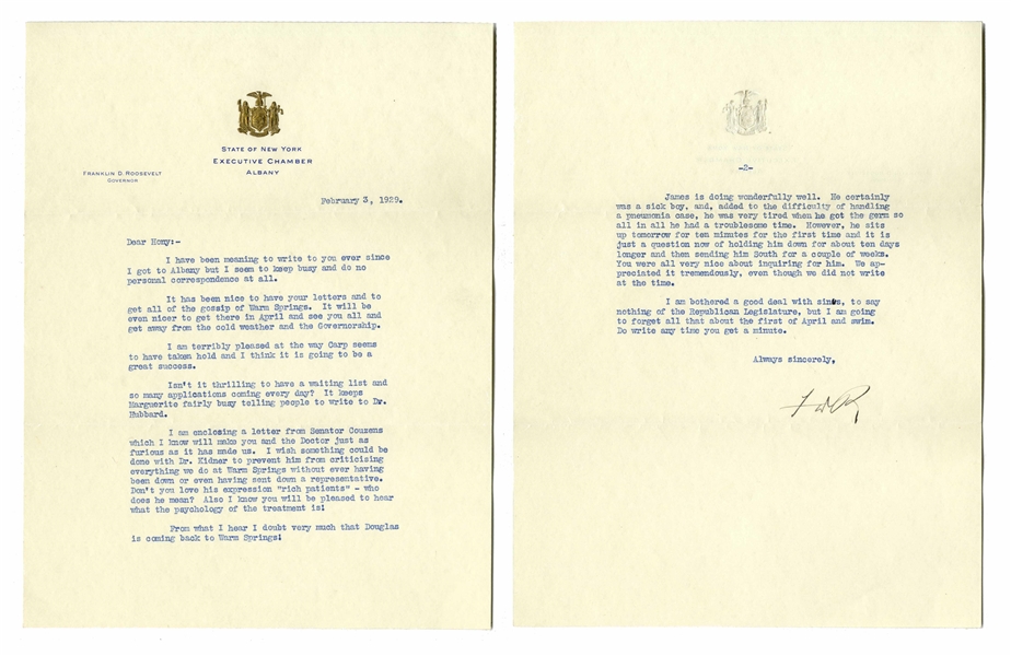Fantastic 2pp. Letter Signed by FDR Regarding Warm Springs -- ''...to prevent him from criticising everything we do at Warm Springs...Don't you love his expression 'rich patients'...''